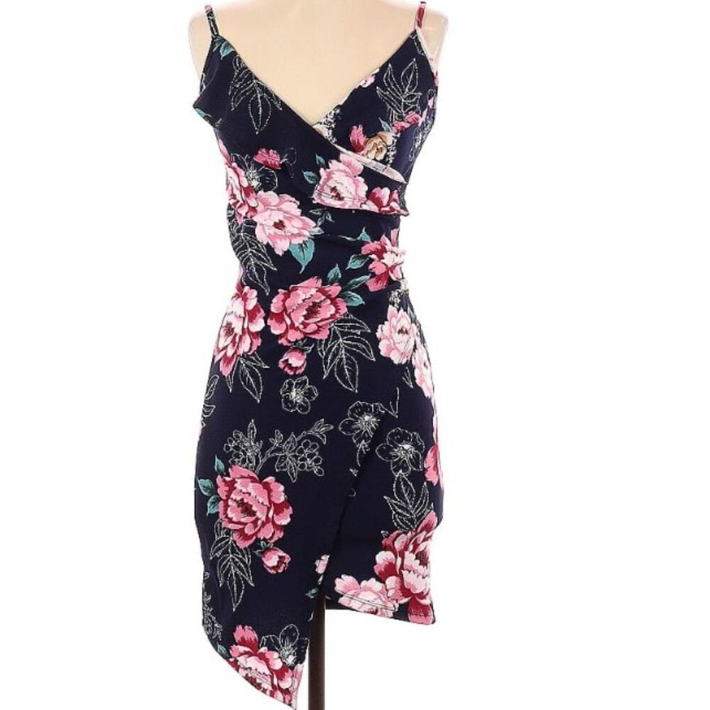 Crave FAME Black Floral Print Asymmetrical Hem Faux Wrap Strappy V Neck Dress XS